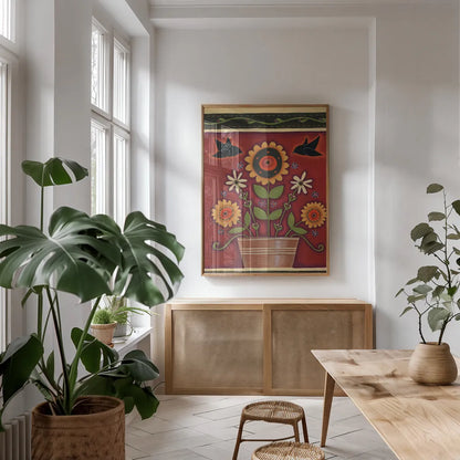 Two Crows by Anne Tavoletti. shown as a print in a natural wood frame in a dining room. Available as a archival giclee rolled canvas, fine art paper, or poster print. SKU 18231h.