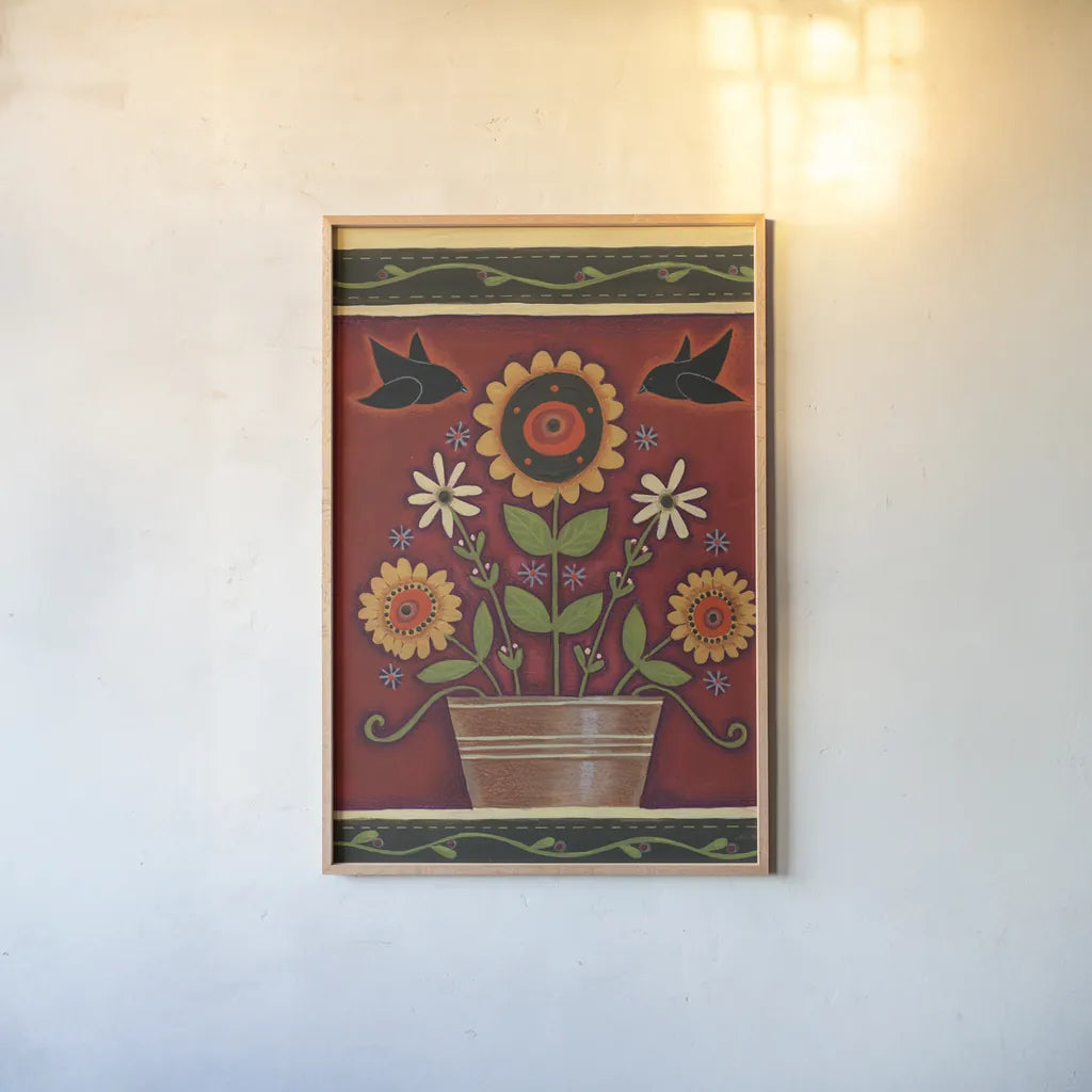 Two Crows by Anne Tavoletti. shown as a paper print in a natural frame. Available as a archival giclee rolled canvas, fine art paper, or poster print. SKU 18231h.