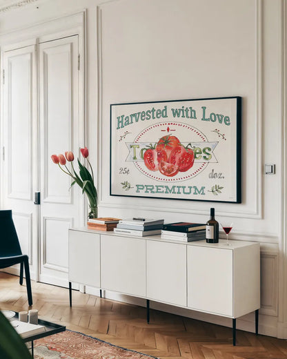 Veggie Market I by Anne Tavoletti. shown as a framed stretched canvas in a living room above a console. Available as a archival giclee rolled canvas, fine art paper, or poster print. SKU 52614i.