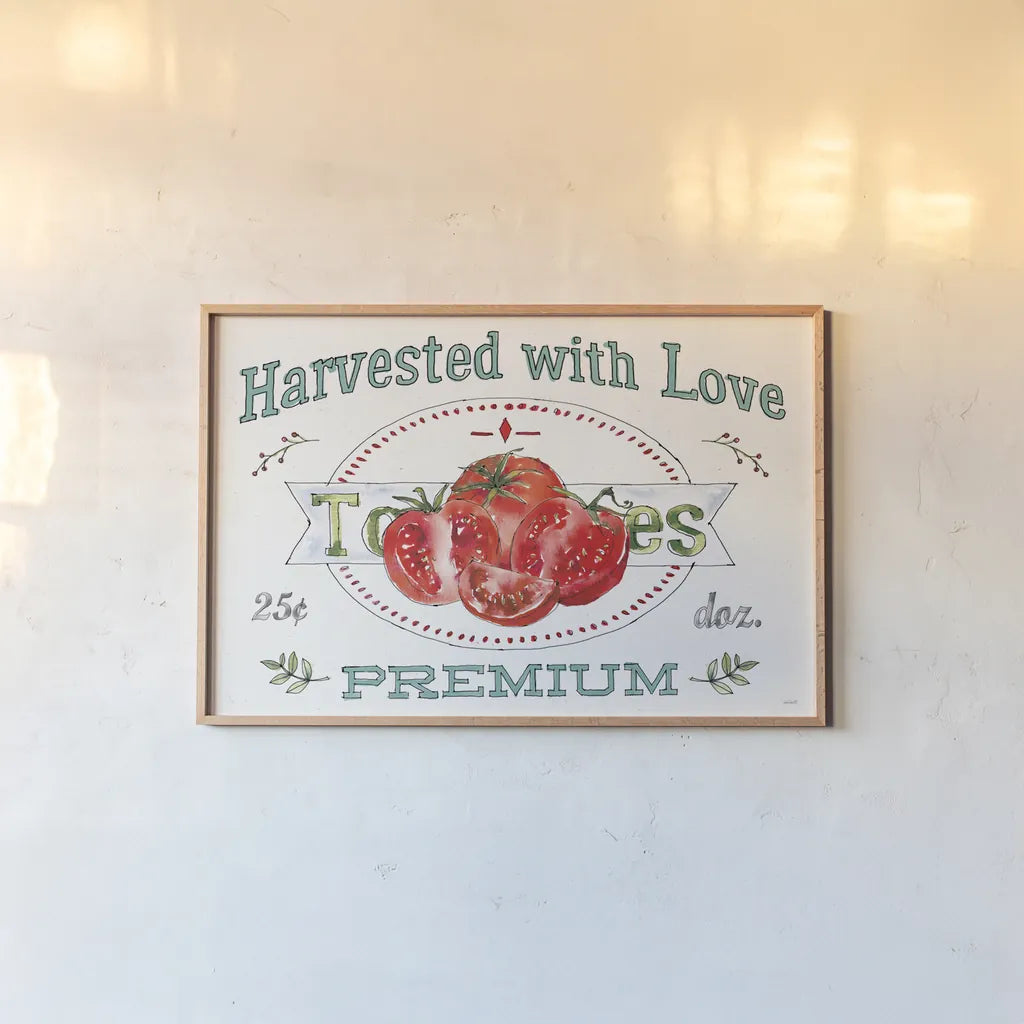 Veggie Market I by Anne Tavoletti. shown as a paper print in a natural frame. Available as a archival giclee rolled canvas, fine art paper, or poster print. SKU 52614i.