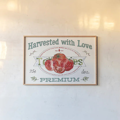 Veggie Market I by Anne Tavoletti. shown as a paper print in a natural frame. Available as a archival giclee rolled canvas, fine art paper, or poster print. SKU 52614i.