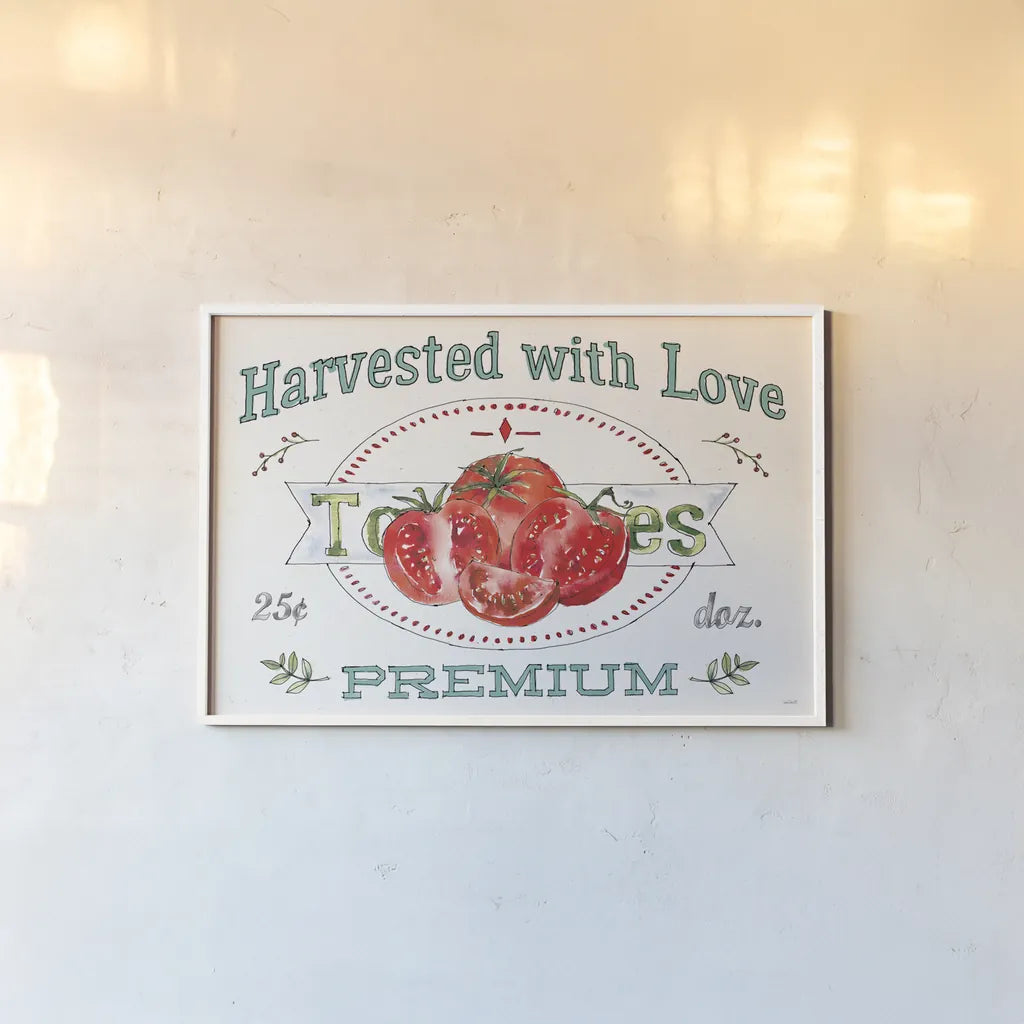 Veggie Market I by Anne Tavoletti. shown as a paper print in a white frame. Available as a archival giclee rolled canvas, fine art paper, or poster print. SKU 52614i.