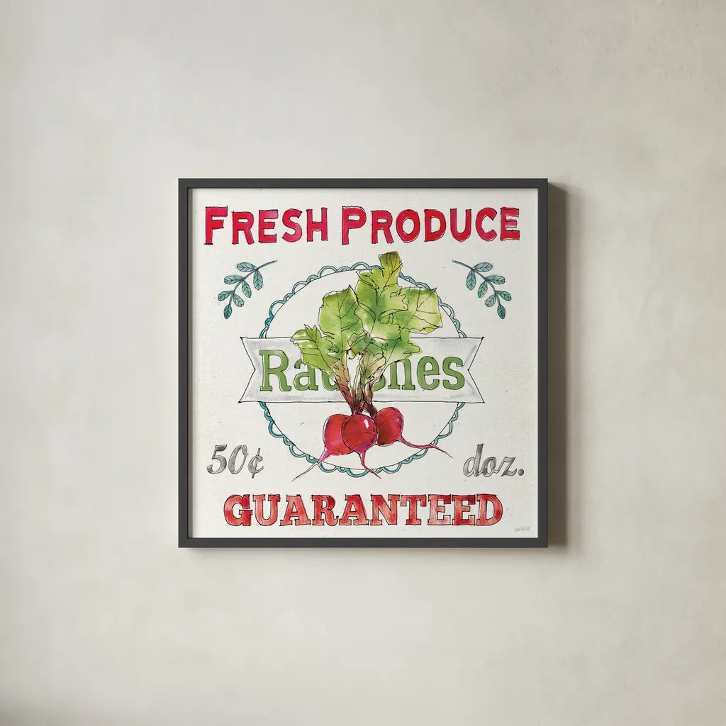 Veggie Market II by Anne Tavoletti. Shown in a sleek black glass frame for a contemporary gallery look. Available as an archival giclee rolled canvas, fine art paper, or poster print. SKU 52615a.