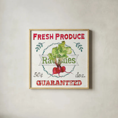 Veggie Market II by Anne Tavoletti. Shown in a natural wood glass frame for a timeless modern aesthetic. Available as an archival giclee rolled canvas, fine art paper, or poster print. SKU 52615a.