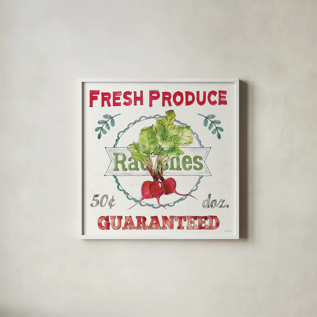 Veggie Market II by Anne Tavoletti. Shown in a crisp white glass frame for a clean and minimalist style. Available as an archival giclee rolled canvas, fine art paper, or poster print. SKU 52615a.