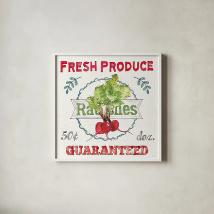 Veggie Market II by Anne Tavoletti. Shown in a crisp white glass frame for a clean and minimalist style. Available as an archival giclee rolled canvas, fine art paper, or poster print. SKU 52615a.