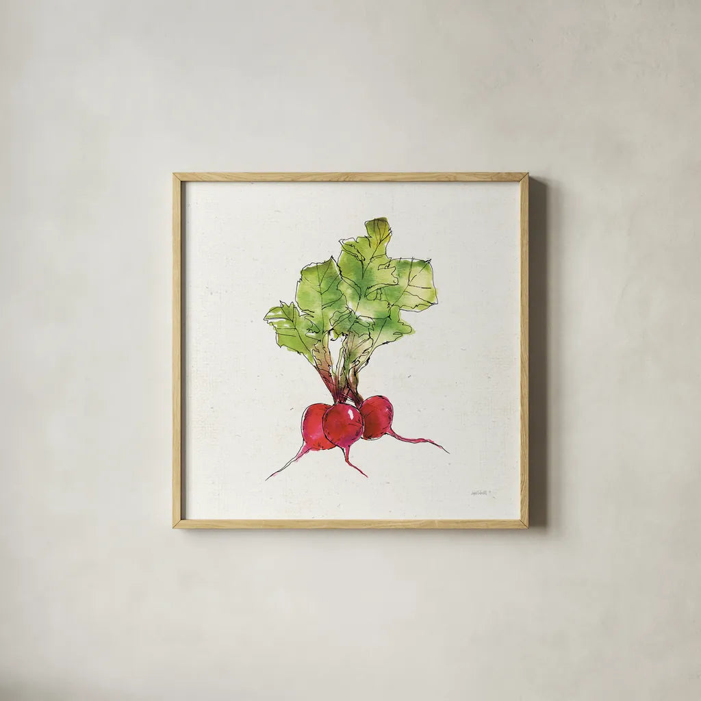 Veggie Market II Radish by Anne Tavoletti. Shown in a natural wood glass frame for a timeless modern aesthetic. Available as an archival giclee rolled canvas, fine art paper, or poster print. SKU 53855a.