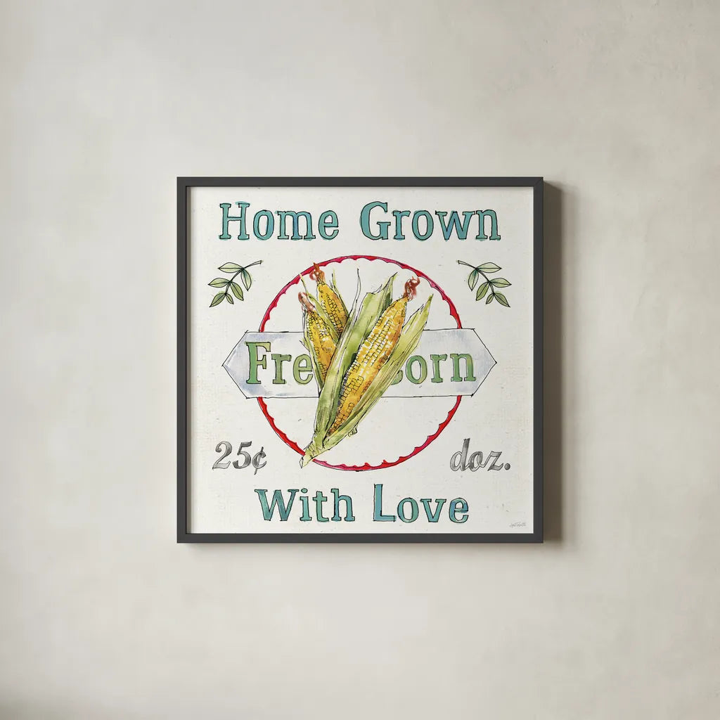 Veggie Market III by Anne Tavoletti. Shown in a sleek black glass frame for a contemporary gallery look. Available as an archival giclee rolled canvas, fine art paper, or poster print. SKU 52616a.