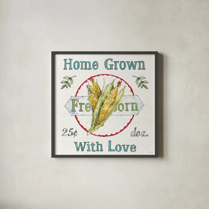 Veggie Market III by Anne Tavoletti. Shown in a sleek black glass frame for a contemporary gallery look. Available as an archival giclee rolled canvas, fine art paper, or poster print. SKU 52616a.