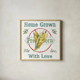 Veggie Market III by Anne Tavoletti. Shown in a natural wood glass frame for a timeless modern aesthetic. Available as an archival giclee rolled canvas, fine art paper, or poster print. SKU 52616a.