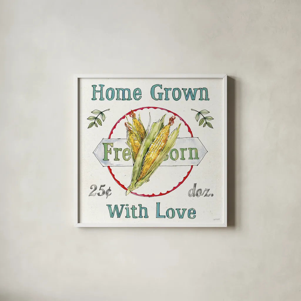 Veggie Market III by Anne Tavoletti. Shown in a crisp white glass frame for a clean and minimalist style. Available as an archival giclee rolled canvas, fine art paper, or poster print. SKU 52616a.