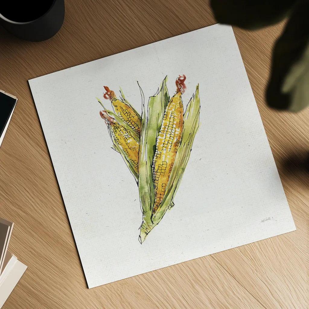 Veggie Market III Corn by Anne Tavoletti. Shown as a detailed flat fine art print, highlighting archival giclee quality. Available as an archival giclee rolled canvas, fine art paper, or poster print. SKU 53856a.