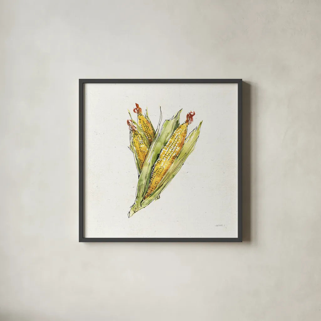 Veggie Market III Corn by Anne Tavoletti. Shown in a sleek black glass frame for a contemporary gallery look. Available as an archival giclee rolled canvas, fine art paper, or poster print. SKU 53856a.