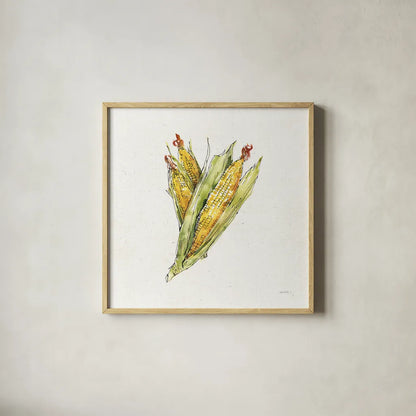 Veggie Market III Corn by Anne Tavoletti. Shown in a natural wood glass frame for a timeless modern aesthetic. Available as an archival giclee rolled canvas, fine art paper, or poster print. SKU 53856a.