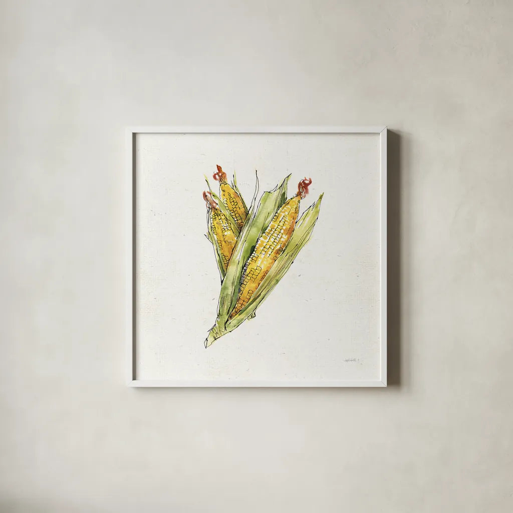Veggie Market III Corn by Anne Tavoletti. Shown in a crisp white glass frame for a clean and minimalist style. Available as an archival giclee rolled canvas, fine art paper, or poster print. SKU 53856a.