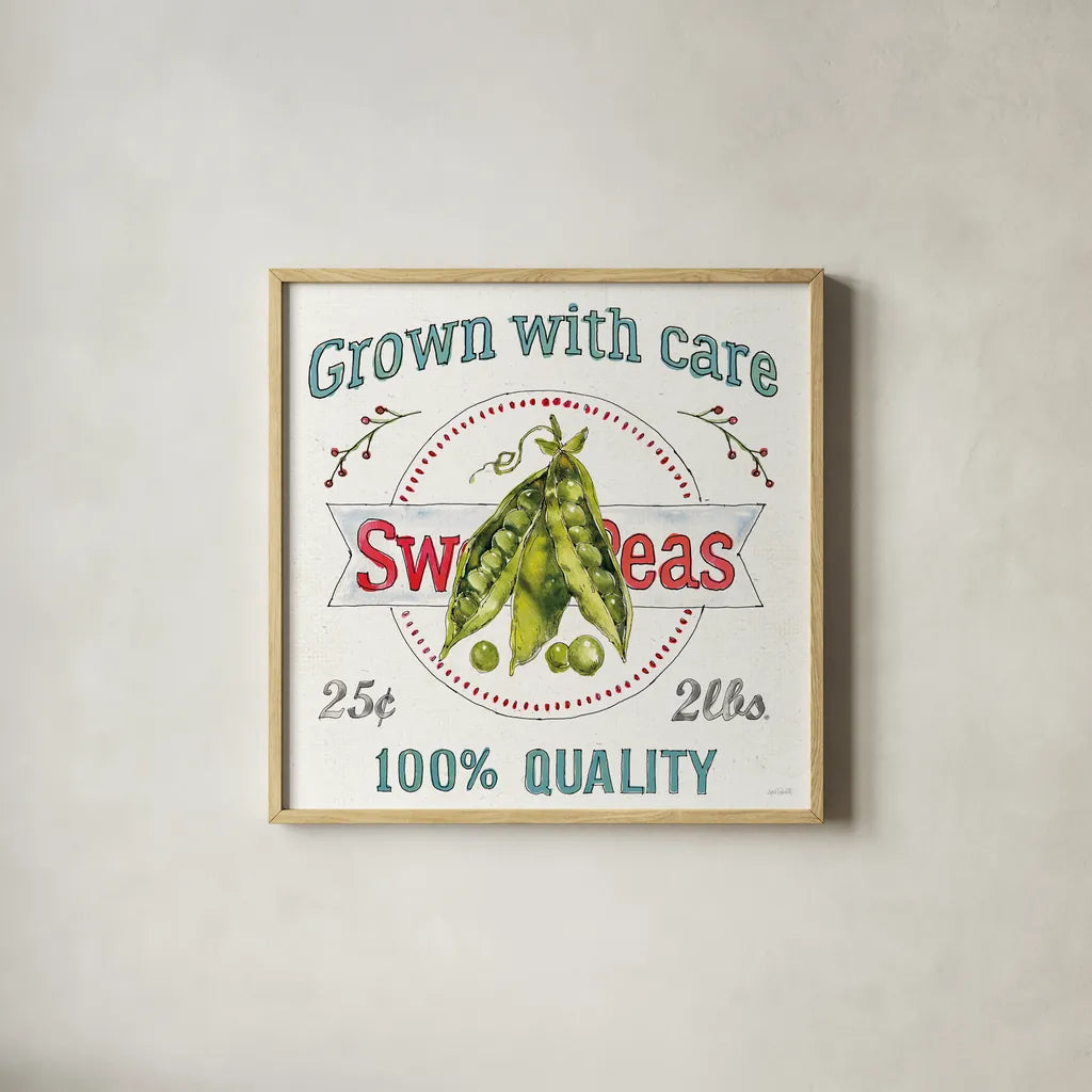 Veggie Market IV by Anne Tavoletti. Shown in a natural wood glass frame for a timeless modern aesthetic. Available as an archival giclee rolled canvas, fine art paper, or poster print. SKU 52617a.