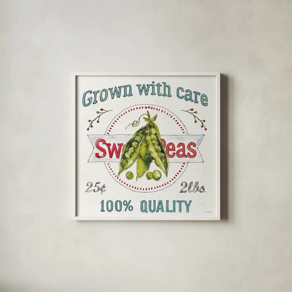 Veggie Market IV by Anne Tavoletti. Shown in a crisp white glass frame for a clean and minimalist style. Available as an archival giclee rolled canvas, fine art paper, or poster print. SKU 52617a.