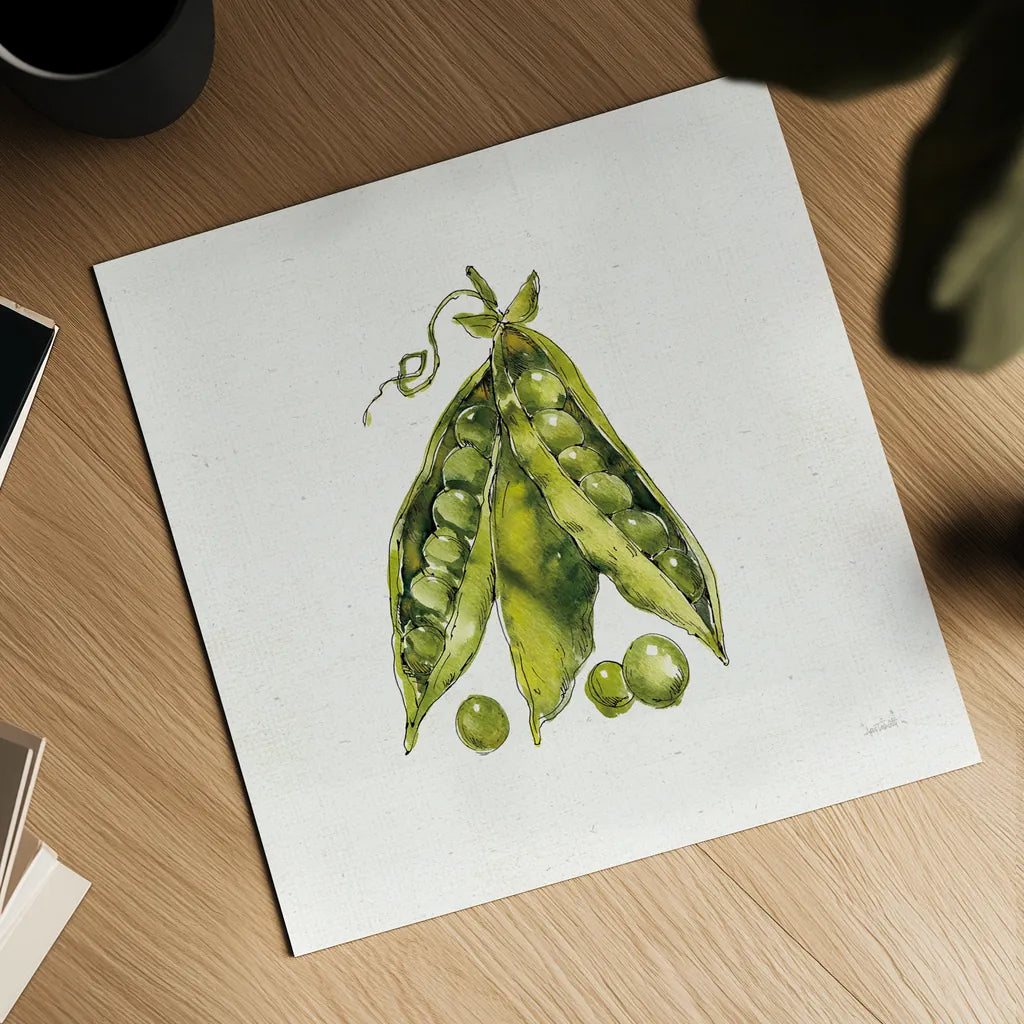 Veggie Market IV Peas by Anne Tavoletti. Shown as a detailed flat fine art print, highlighting archival giclee quality. Available as an archival giclee rolled canvas, fine art paper, or poster print. SKU 53857a.