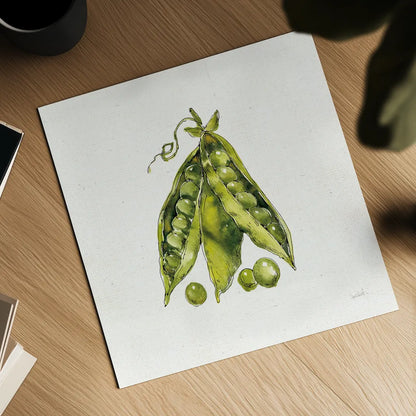 Veggie Market IV Peas by Anne Tavoletti. Shown as a detailed flat fine art print, highlighting archival giclee quality. Available as an archival giclee rolled canvas, fine art paper, or poster print. SKU 53857a.