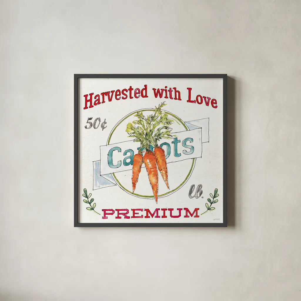 Veggie Market V by Anne Tavoletti. Shown in a sleek black glass frame for a contemporary gallery look. Available as an archival giclee rolled canvas, fine art paper, or poster print. SKU 52618a.