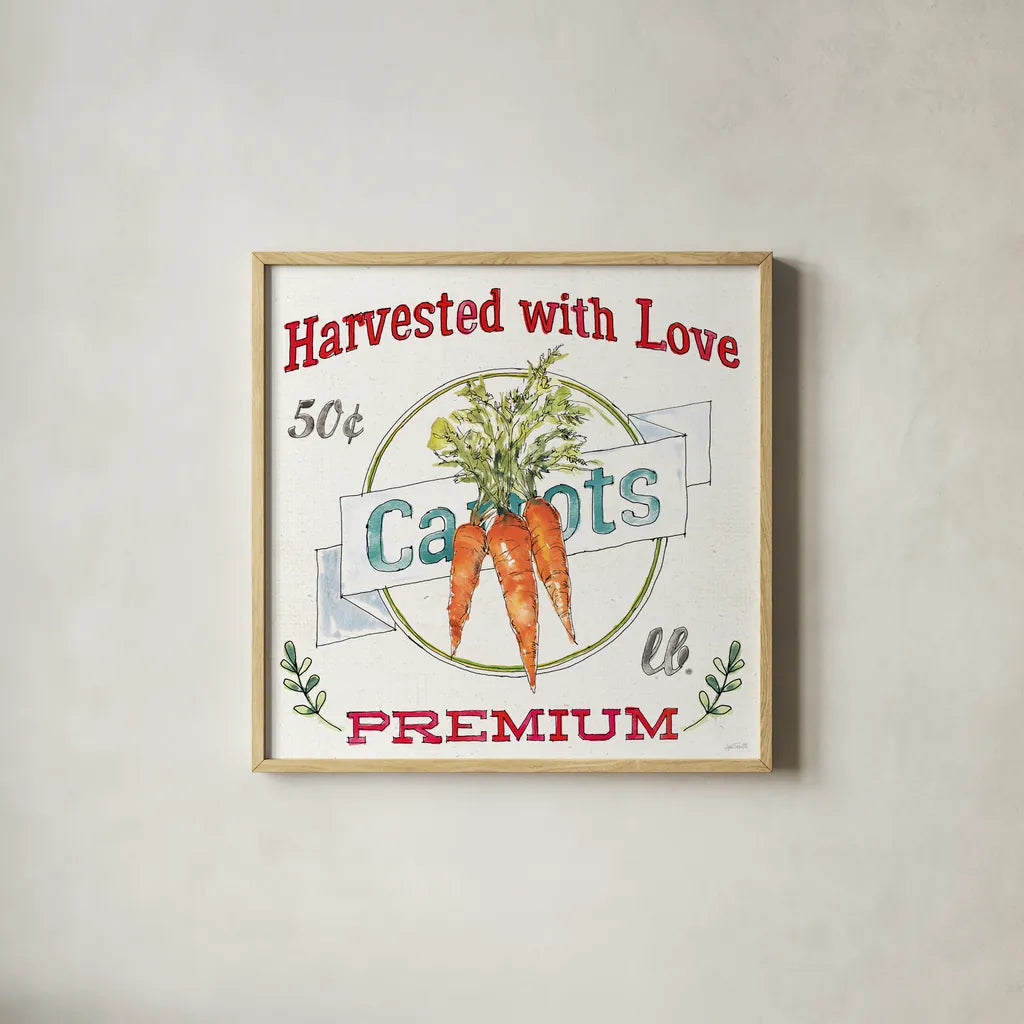 Veggie Market V by Anne Tavoletti. Shown in a natural wood glass frame for a timeless modern aesthetic. Available as an archival giclee rolled canvas, fine art paper, or poster print. SKU 52618a.