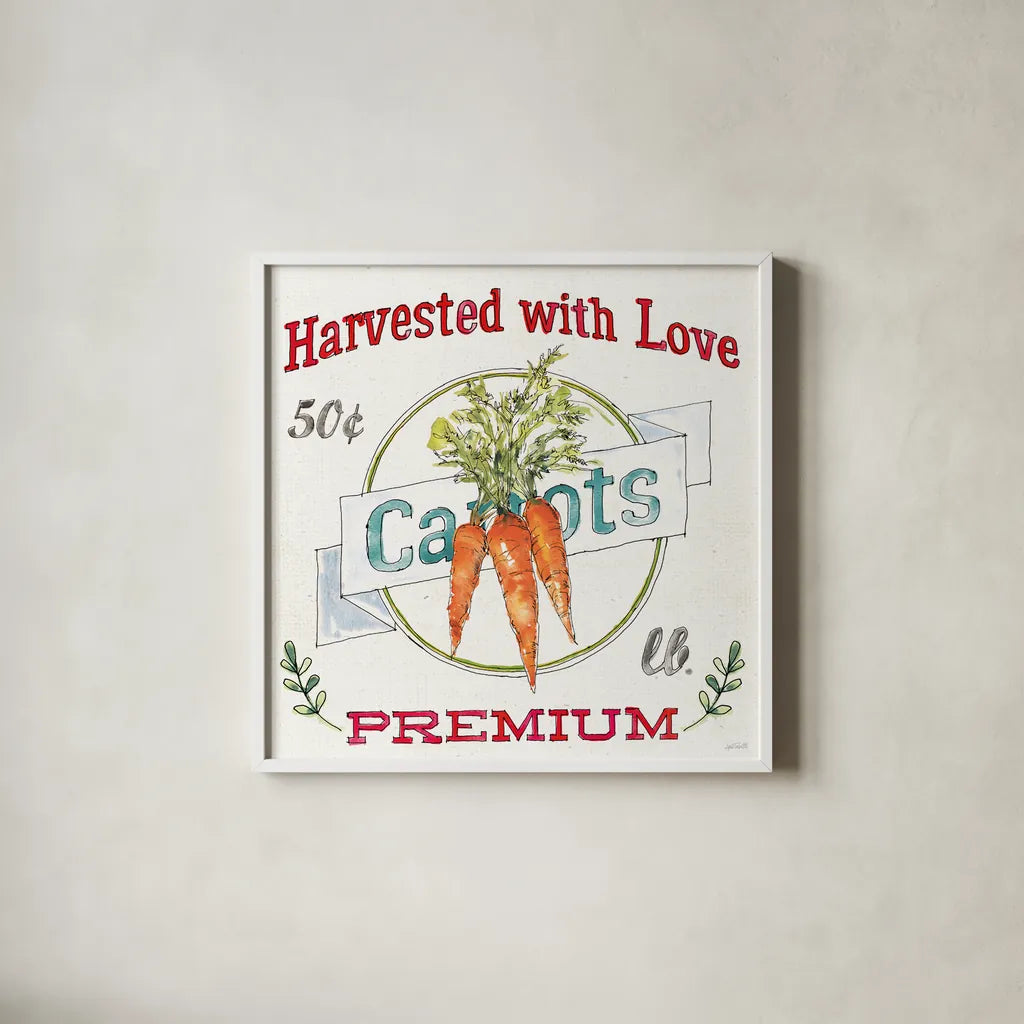 Veggie Market V by Anne Tavoletti. Shown in a crisp white glass frame for a clean and minimalist style. Available as an archival giclee rolled canvas, fine art paper, or poster print. SKU 52618a.