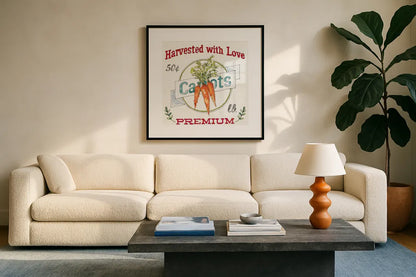 Veggie Market V by Anne Tavoletti. Displayed in a glass frame with matte in a clean modern living room. Available as an archival giclee rolled canvas, fine art paper, or poster print. SKU 52618a.