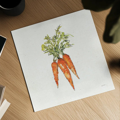Veggie Market V Carrots by Anne Tavoletti. Shown as a detailed flat fine art print, highlighting archival giclee quality. Available as an archival giclee rolled canvas, fine art paper, or poster print. SKU 53858a.