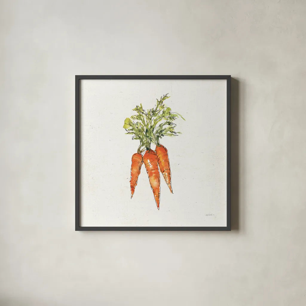 Veggie Market V Carrots by Anne Tavoletti. Shown in a sleek black glass frame for a contemporary gallery look. Available as an archival giclee rolled canvas, fine art paper, or poster print. SKU 53858a.