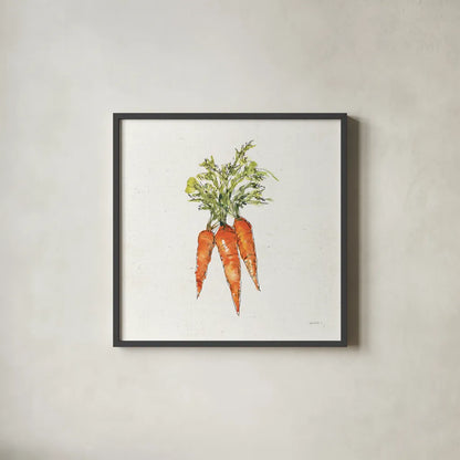 Veggie Market V Carrots by Anne Tavoletti. Shown in a sleek black glass frame for a contemporary gallery look. Available as an archival giclee rolled canvas, fine art paper, or poster print. SKU 53858a.