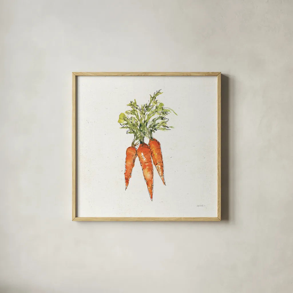 Veggie Market V Carrots by Anne Tavoletti. Shown in a natural wood glass frame for a timeless modern aesthetic. Available as an archival giclee rolled canvas, fine art paper, or poster print. SKU 53858a.