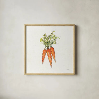 Veggie Market V Carrots by Anne Tavoletti. Shown in a natural wood glass frame for a timeless modern aesthetic. Available as an archival giclee rolled canvas, fine art paper, or poster print. SKU 53858a.