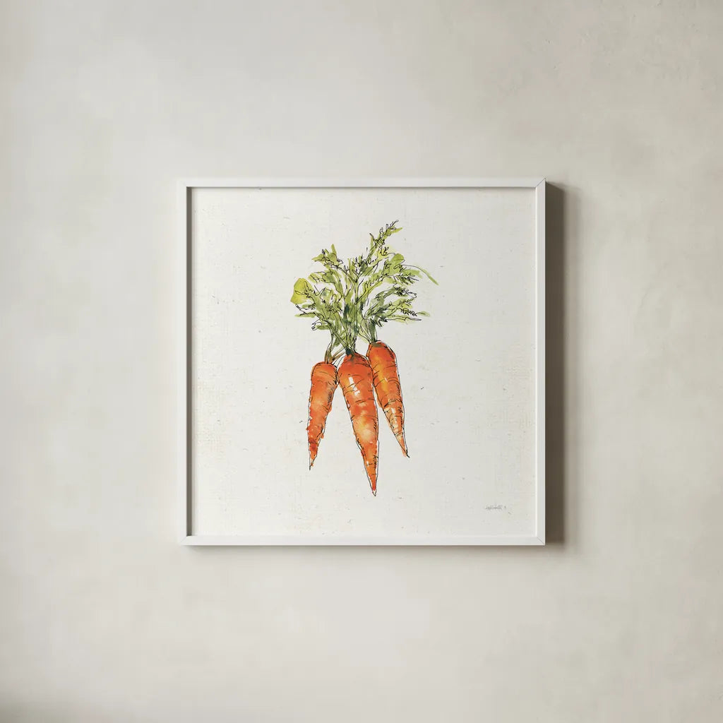 Veggie Market V Carrots by Anne Tavoletti. Shown in a crisp white glass frame for a clean and minimalist style. Available as an archival giclee rolled canvas, fine art paper, or poster print. SKU 53858a.