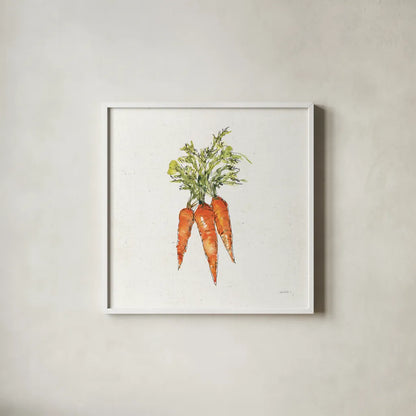 Veggie Market V Carrots by Anne Tavoletti. Shown in a crisp white glass frame for a clean and minimalist style. Available as an archival giclee rolled canvas, fine art paper, or poster print. SKU 53858a.