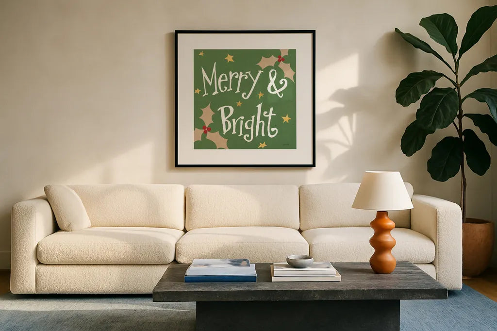 Vintage St Nick V Bright by Anne Tavoletti. Displayed in a glass frame with matte in a clean modern living room. Available as an archival giclee rolled canvas, fine art paper, or poster print. SKU 37707a.