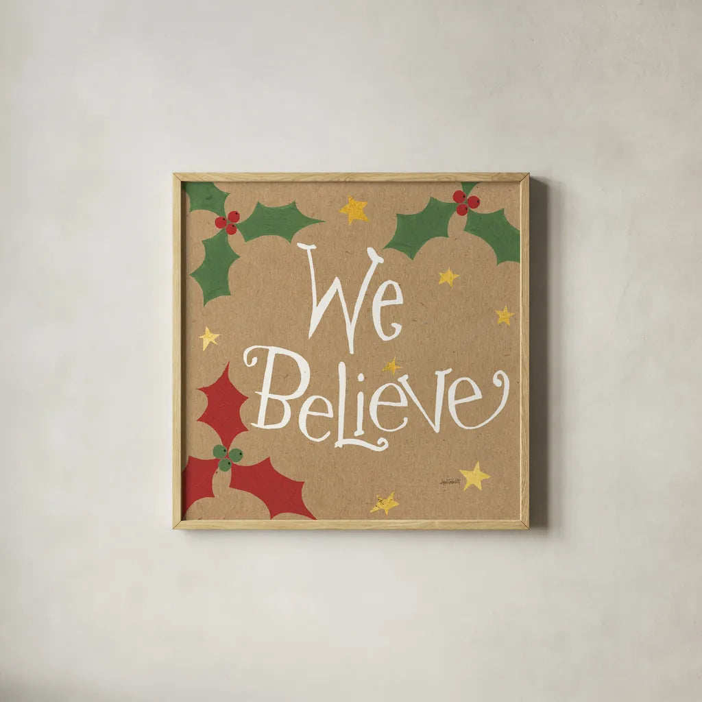 Vintage St Nick VII Bright We Believe by Anne Tavoletti. Shown in a natural wood glass frame for a timeless modern aesthetic. Available as an archival giclee rolled canvas, fine art paper, or poster print. SKU 37709a.