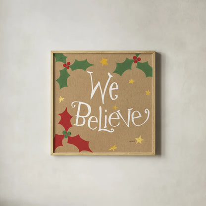 Vintage St Nick VII Bright We Believe by Anne Tavoletti. Shown in a natural wood glass frame for a timeless modern aesthetic. Available as an archival giclee rolled canvas, fine art paper, or poster print. SKU 37709a.