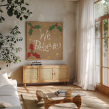 Vintage St Nick VII Bright We Believe by Anne Tavoletti. Shown in a natural wood frame in a cozy modern living room. Available as an archival giclee rolled canvas, fine art paper, or poster print. SKU 37709a.
