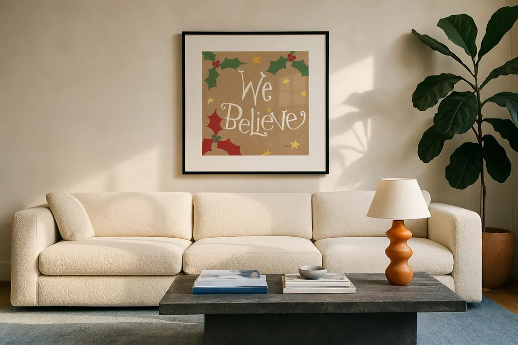 Vintage St Nick VII Bright We Believe by Anne Tavoletti. Displayed in a glass frame with matte in a clean modern living room. Available as an archival giclee rolled canvas, fine art paper, or poster print. SKU 37709a.