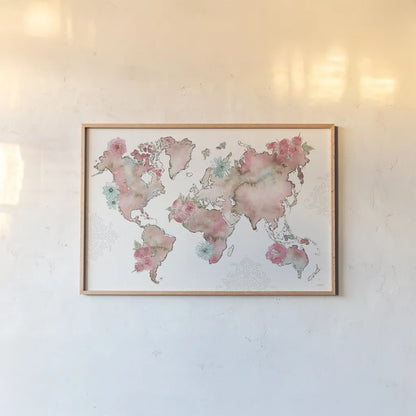 Vintage Travel I by Anne Tavoletti. shown as a paper print in a natural frame. Available as a archival giclee rolled canvas, fine art paper, or poster print. SKU 82089i.