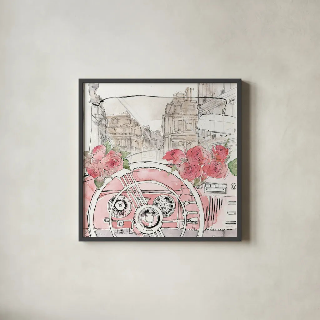 Vintage Travel II by Anne Tavoletti. Shown in a sleek black glass frame for a contemporary gallery look. Available as an archival giclee rolled canvas, fine art paper, or poster print. SKU 82090a.