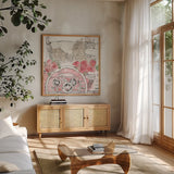 Vintage Travel II by Anne Tavoletti. Shown in a natural wood frame in a cozy modern living room. Available as an archival giclee rolled canvas, fine art paper, or poster print. SKU 82090a.