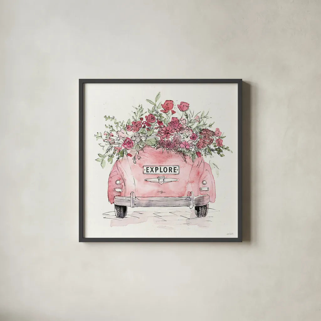 Vintage Travel IV by Anne Tavoletti. Shown in a sleek black glass frame for a contemporary gallery look. Available as an archival giclee rolled canvas, fine art paper, or poster print. SKU 82092a.