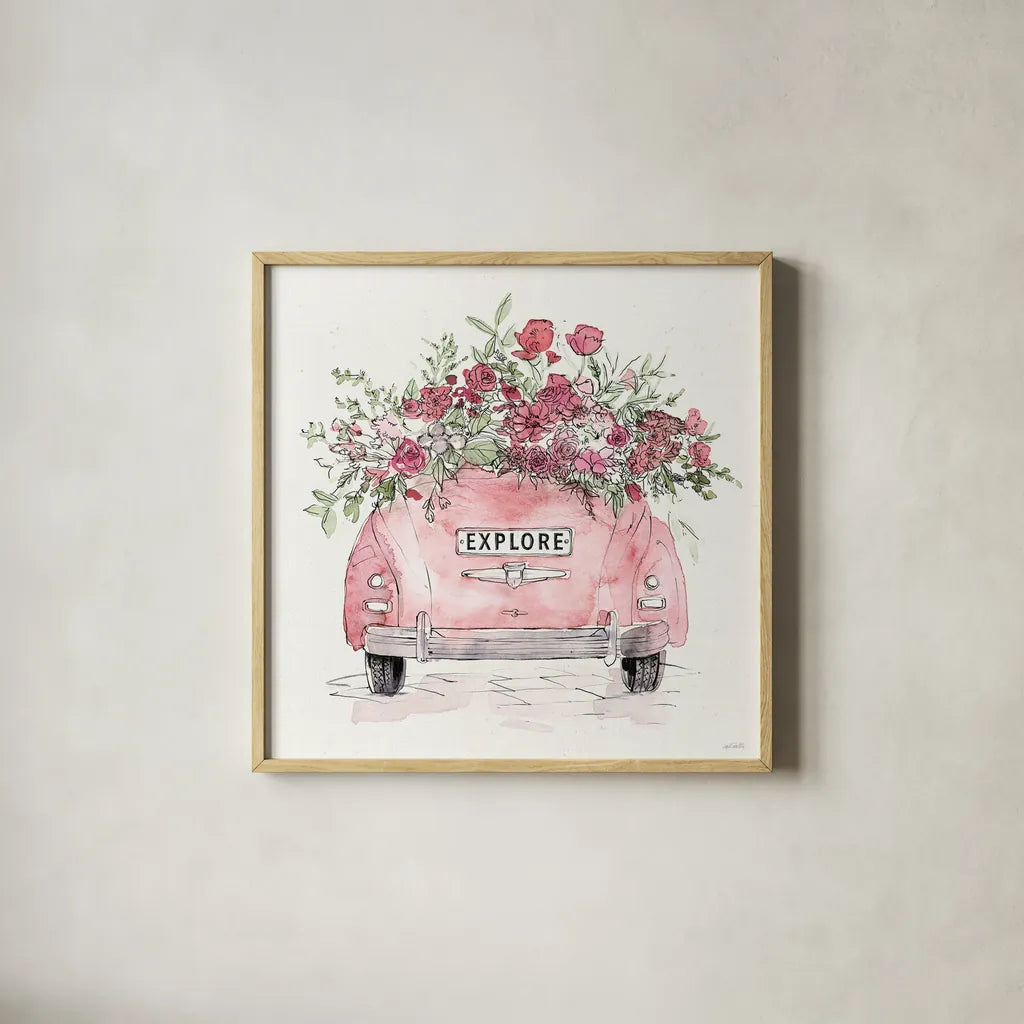 Vintage Travel IV by Anne Tavoletti. Shown in a natural wood glass frame for a timeless modern aesthetic. Available as an archival giclee rolled canvas, fine art paper, or poster print. SKU 82092a.