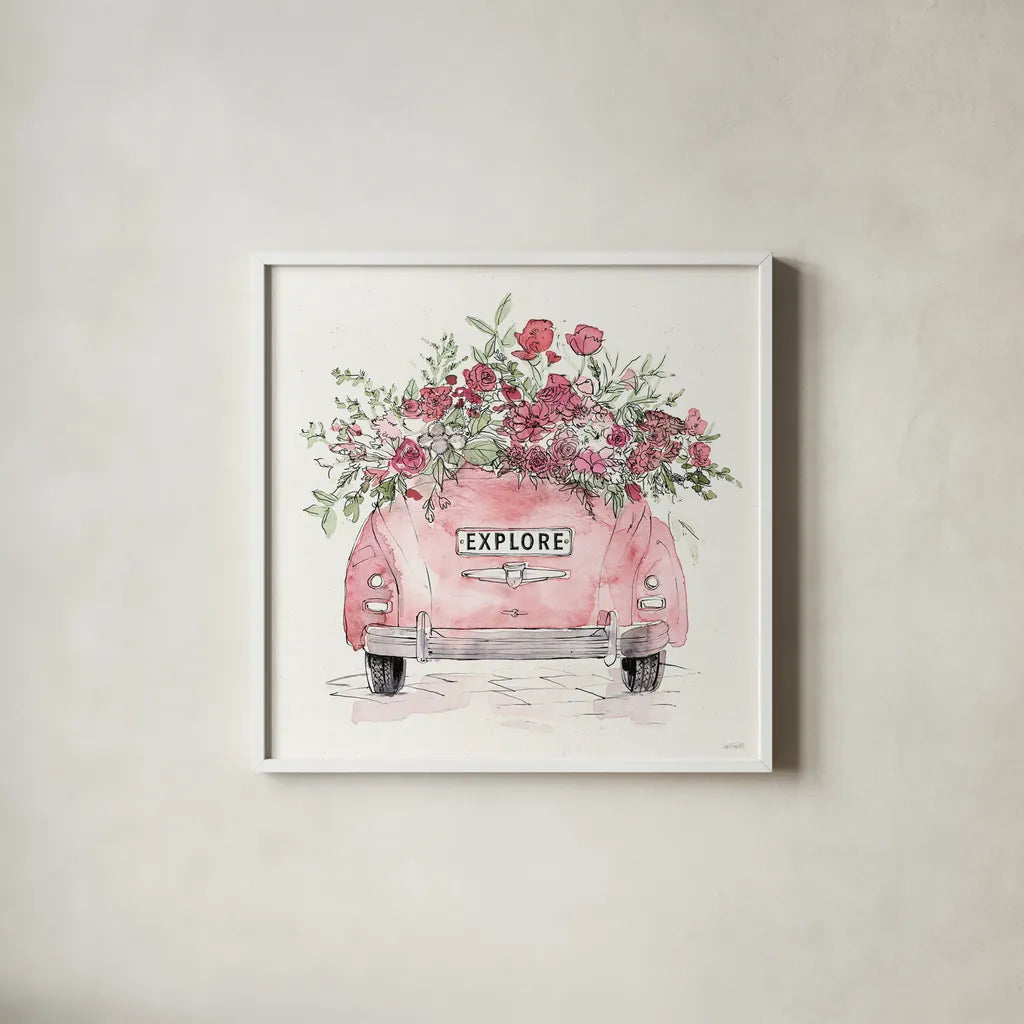 Vintage Travel IV by Anne Tavoletti. Shown in a crisp white glass frame for a clean and minimalist style. Available as an archival giclee rolled canvas, fine art paper, or poster print. SKU 82092a.