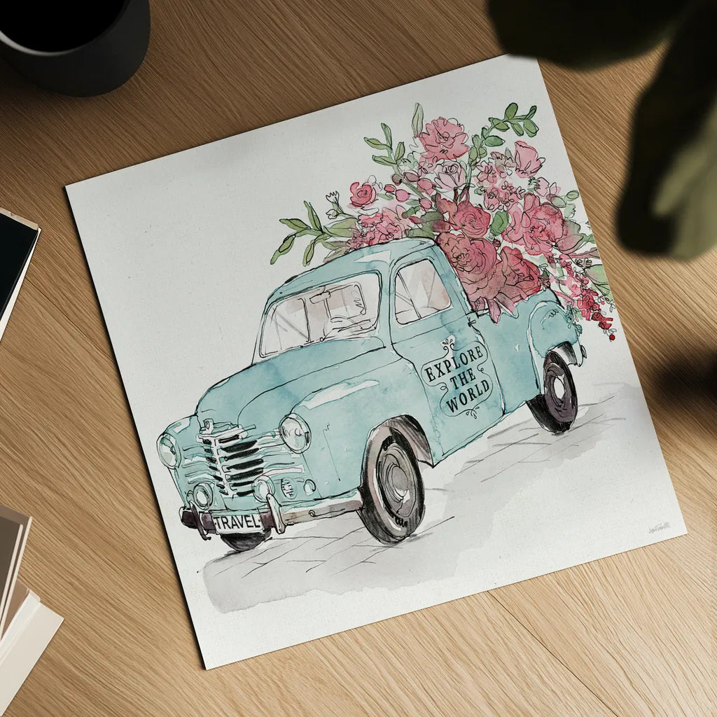 Vintage Travel V by Anne Tavoletti. Shown as a detailed flat fine art print, highlighting archival giclee quality. Available as an archival giclee rolled canvas, fine art paper, or poster print. SKU 82093a.