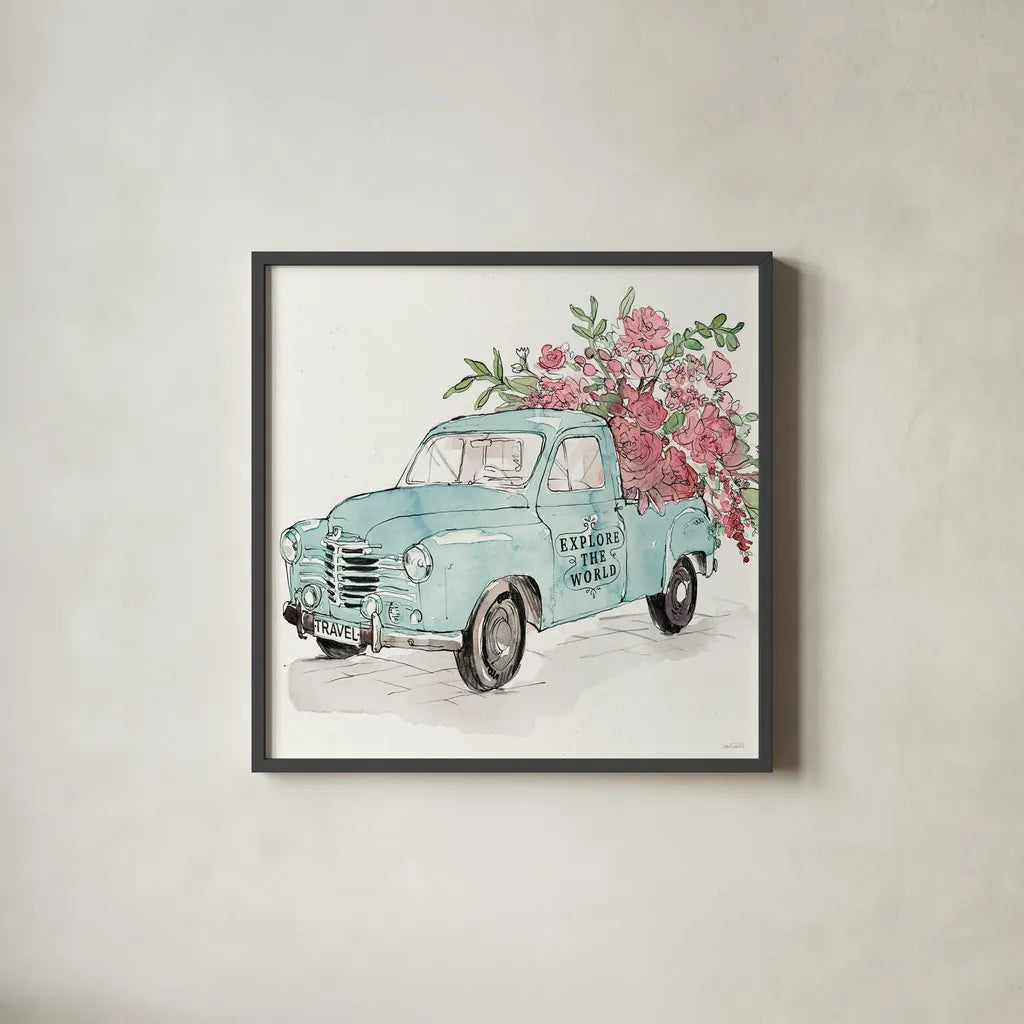 Vintage Travel V by Anne Tavoletti. Shown in a sleek black glass frame for a contemporary gallery look. Available as an archival giclee rolled canvas, fine art paper, or poster print. SKU 82093a.