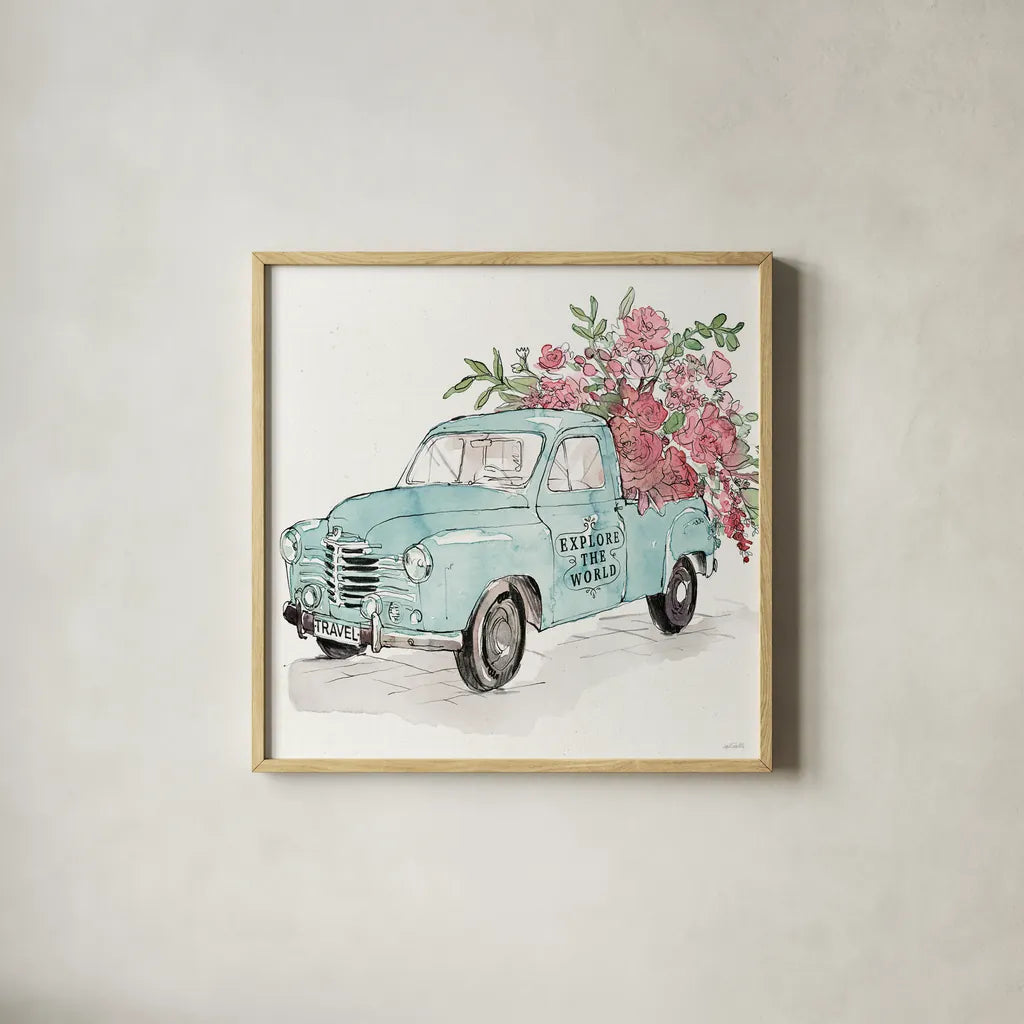 Vintage Travel V by Anne Tavoletti. Shown in a natural wood glass frame for a timeless modern aesthetic. Available as an archival giclee rolled canvas, fine art paper, or poster print. SKU 82093a.