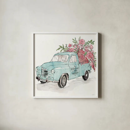 Vintage Travel V by Anne Tavoletti. Shown in a crisp white glass frame for a clean and minimalist style. Available as an archival giclee rolled canvas, fine art paper, or poster print. SKU 82093a.