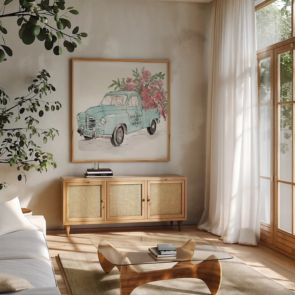 Vintage Travel V by Anne Tavoletti. Shown in a natural wood frame in a cozy modern living room. Available as an archival giclee rolled canvas, fine art paper, or poster print. SKU 82093a.